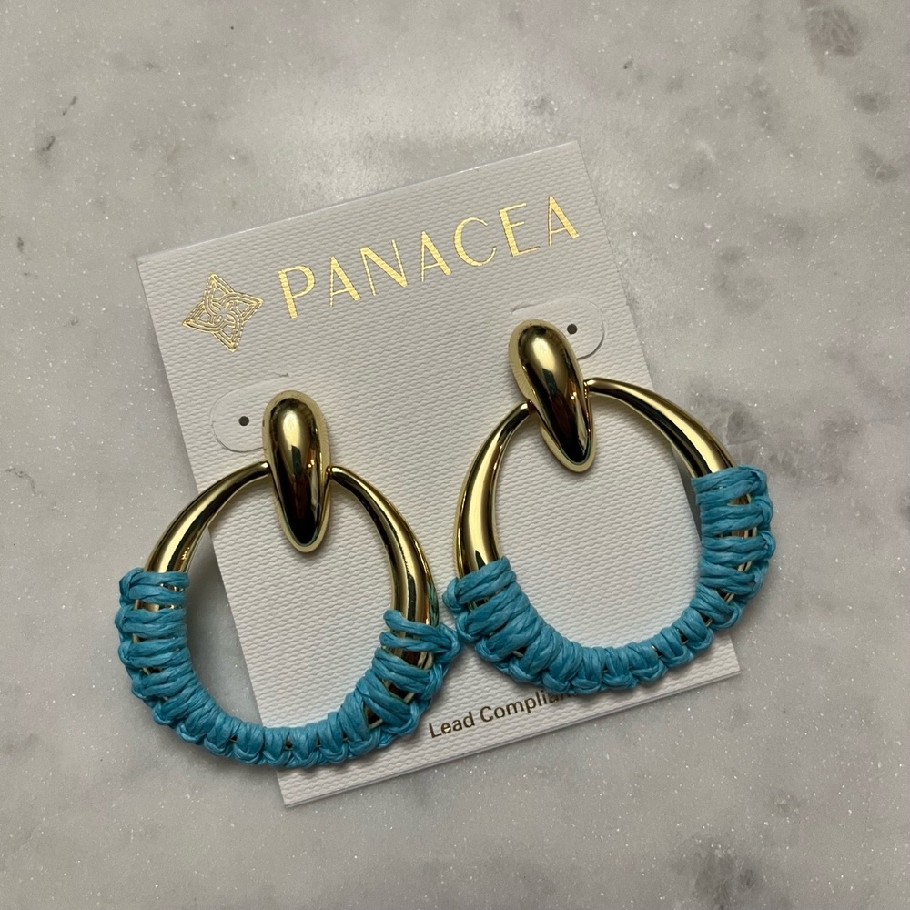 New Panacea Blue Earrings Door Knocker Gold Tone Thread Wrap Fashion Jewelry